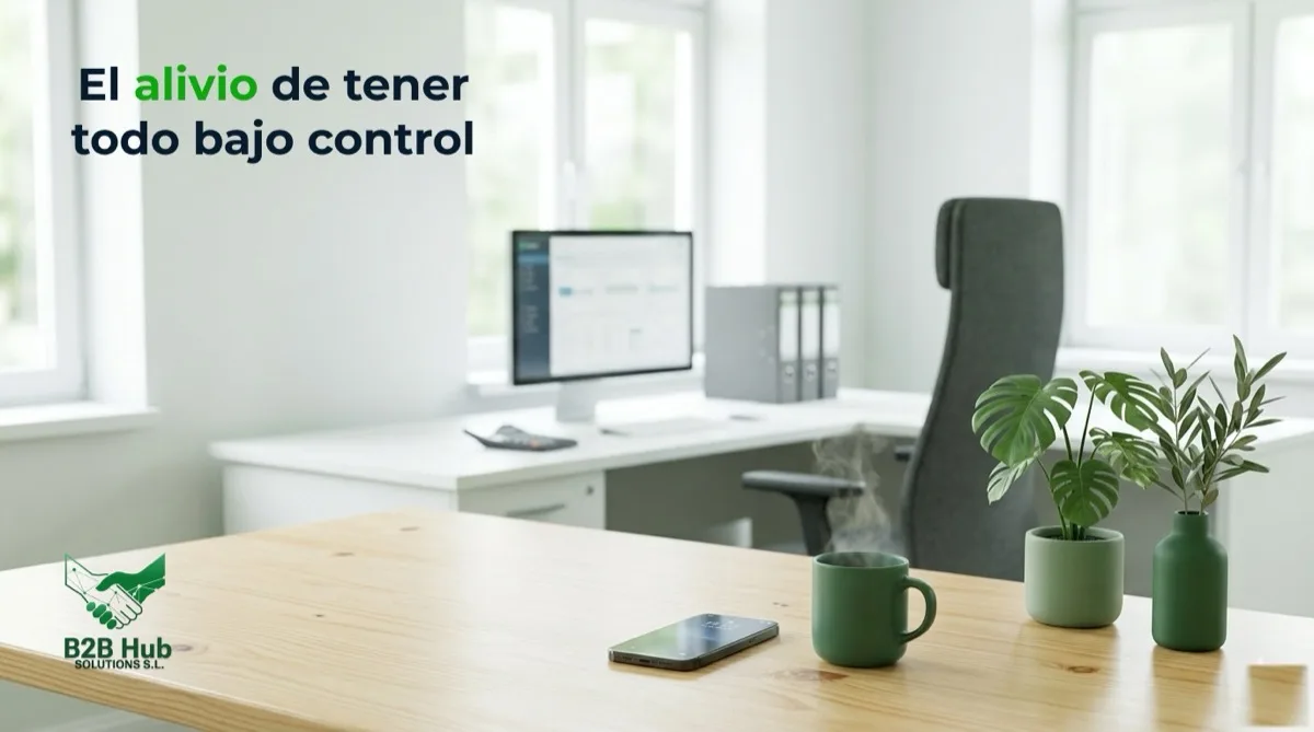 Escritorio ordenado con smartphone y café: calma y control del trabajo administrativo